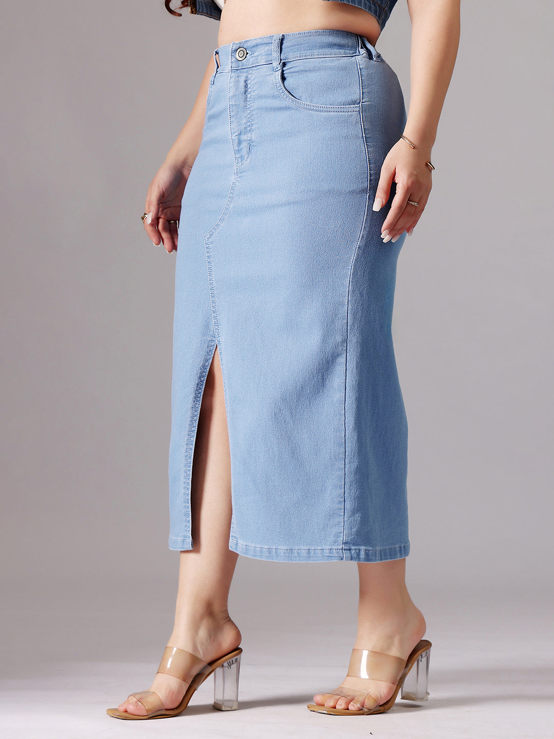 Women's Light Blue Straight-Fit High-Rise Clean-Look Stretchable Denim Midi Skirt