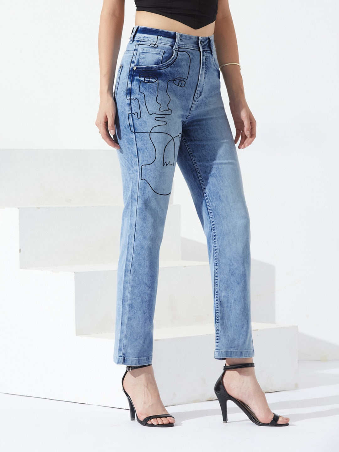 Light Blue Mom Fit high-rise Hand Painted Heavy Wash Stretchable Denim Jeans for Women