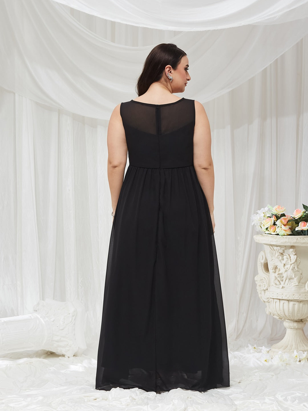 Black Boat Neck Sleeveless Solid Embellished Maxi Dress for Women — Miss Chase A+