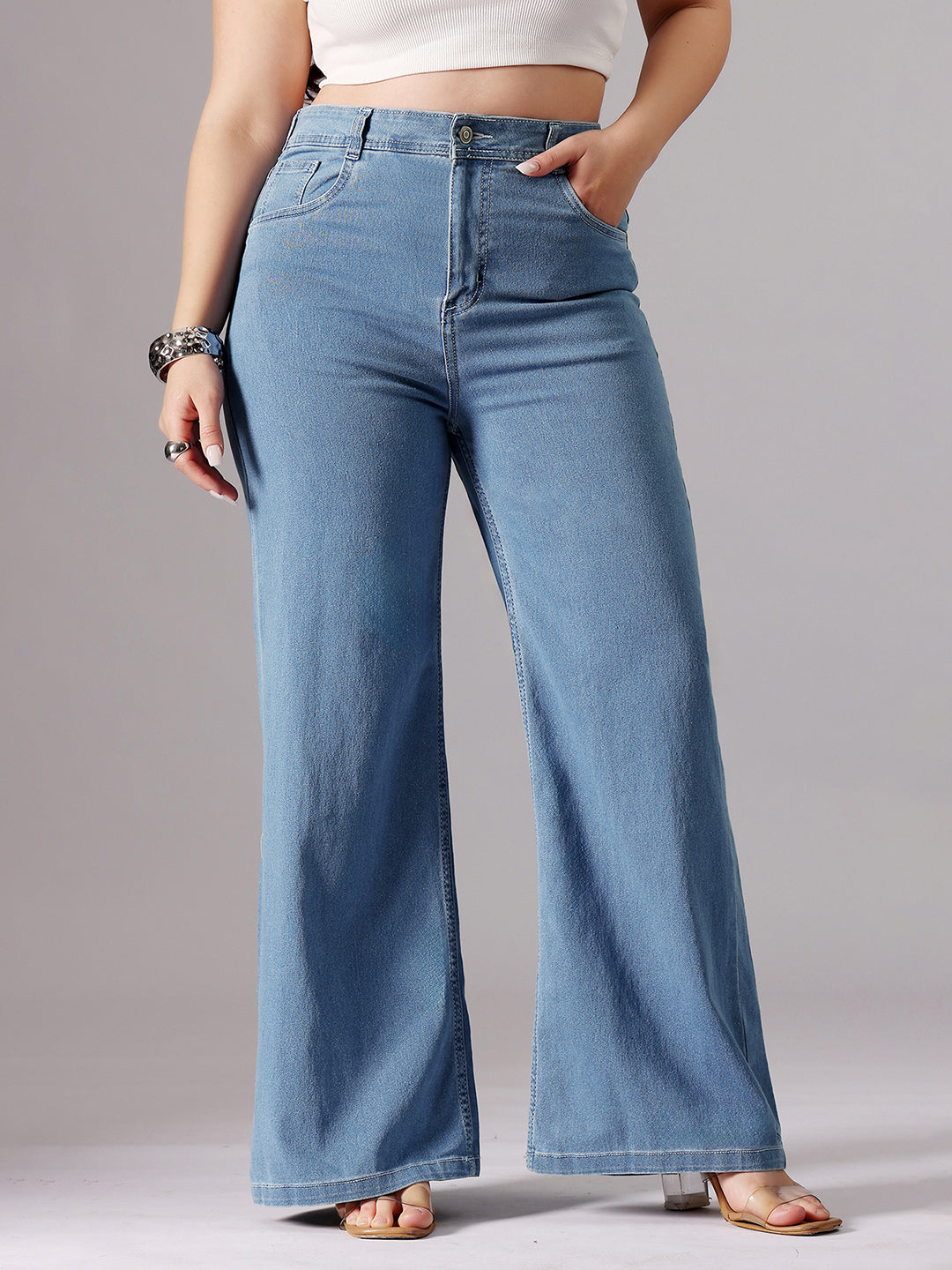 24/7 Comfort Blue Wide-Leg High-Rise Clean-Look Regular-Length Stretchable Denim Jeans