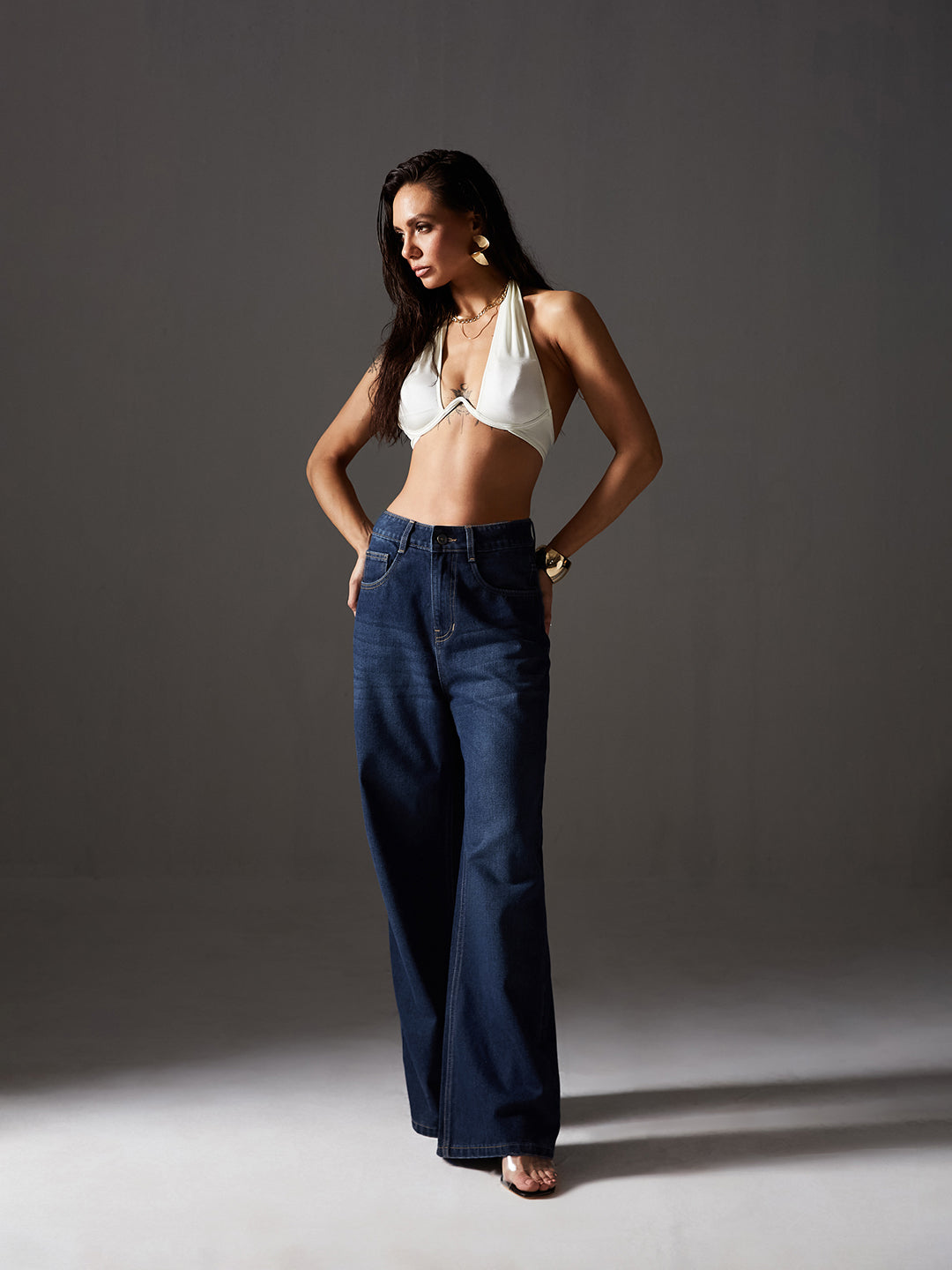Women's Navy Blue Wide-Leg High-Rise Clean-Look Regular-Length Denim Jeans