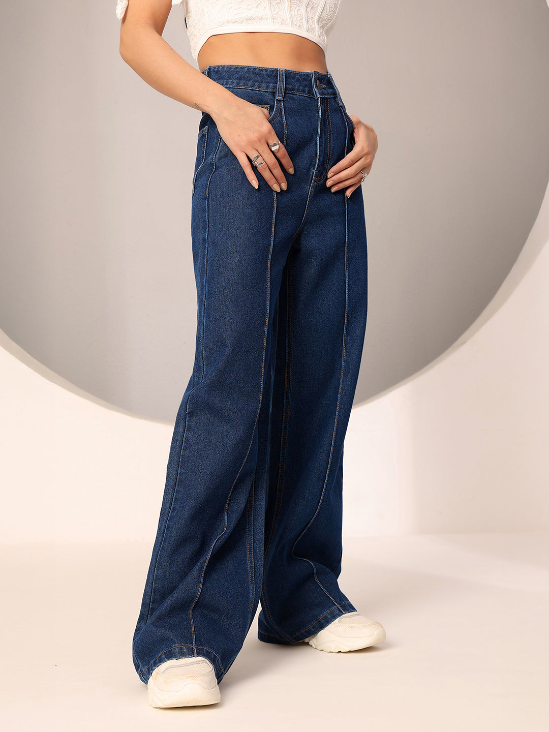 Women's Navy Blue Wide-Leg High-Rise Clean-Look Regular-Length Non-stretchable Denim Jeans