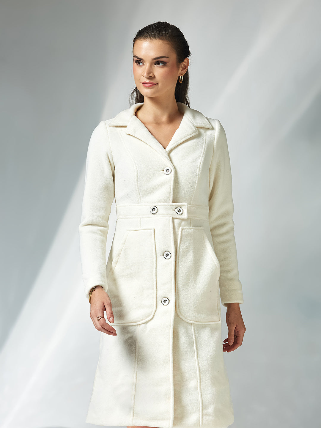 Off White Solid Shirt Collar Full Sleeves Patched Pocketed Polyester Longline Winter Wear Jacket for Women