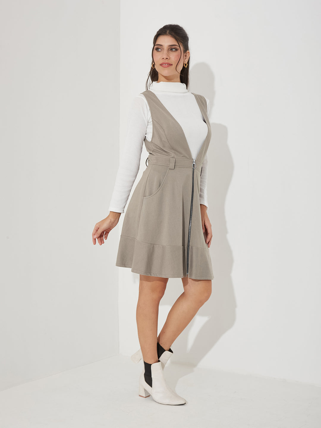 Grey Solid Polyester Pinafore Dress with Zipper Detail and Side Pockets for Women — Miss Chase