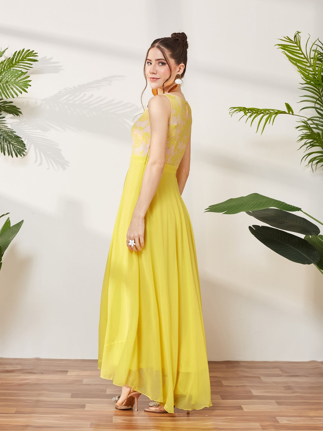 Light Yellow Round Neck Sleeveless Georgette & Lace Floral Fit & Flare Maxi Dress for Women