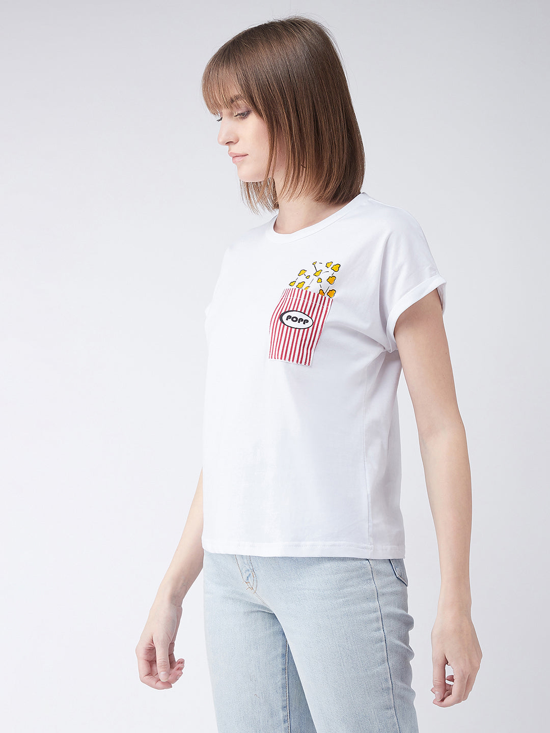 Women's White Cotton Round Neck Short Sleeve Graphic Print Basic T-Shirt