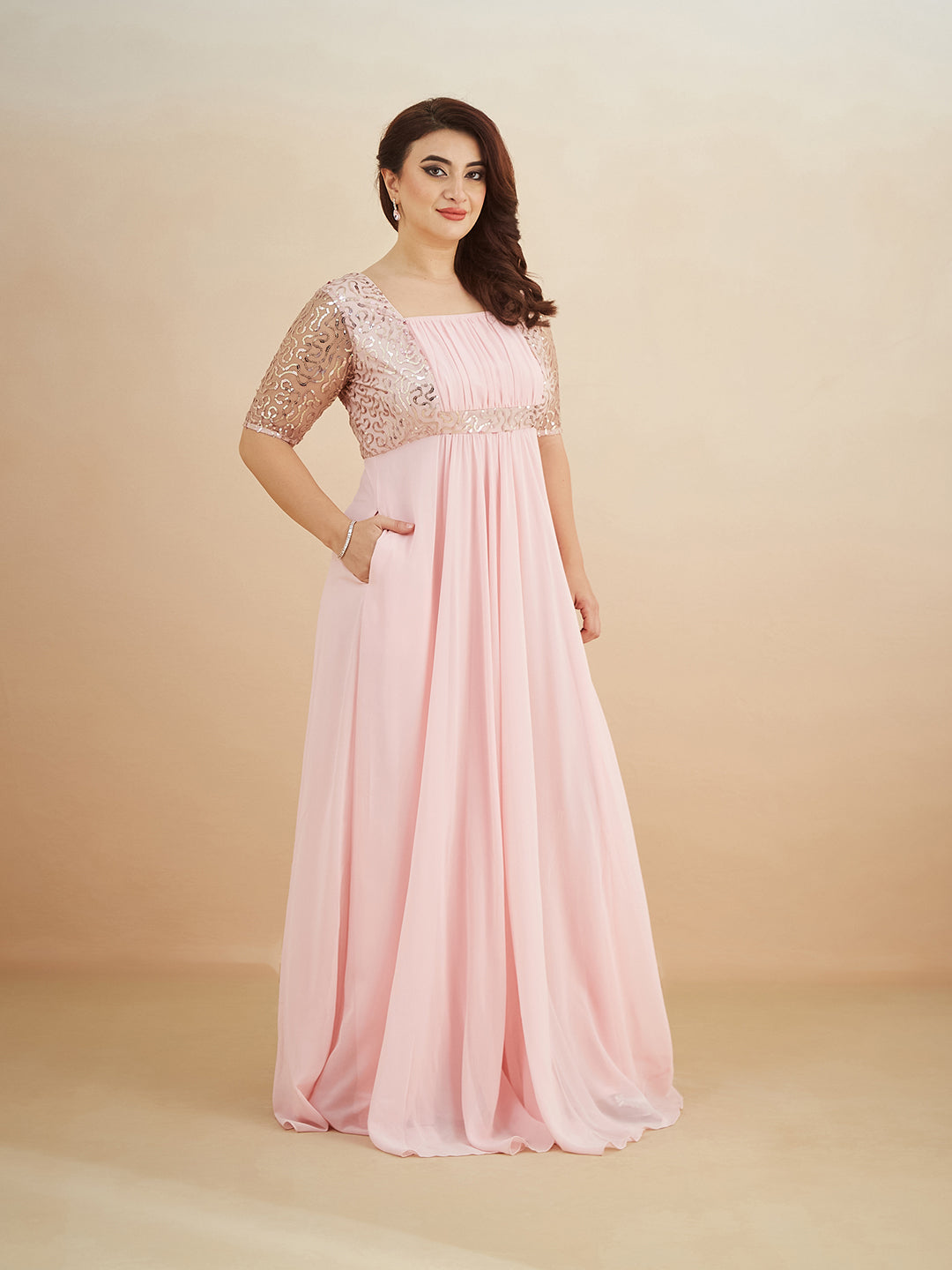 Dusty Pink Square Neck Half Sleeve Solid Embellished Maxi Dress for Women — Miss Chase A+