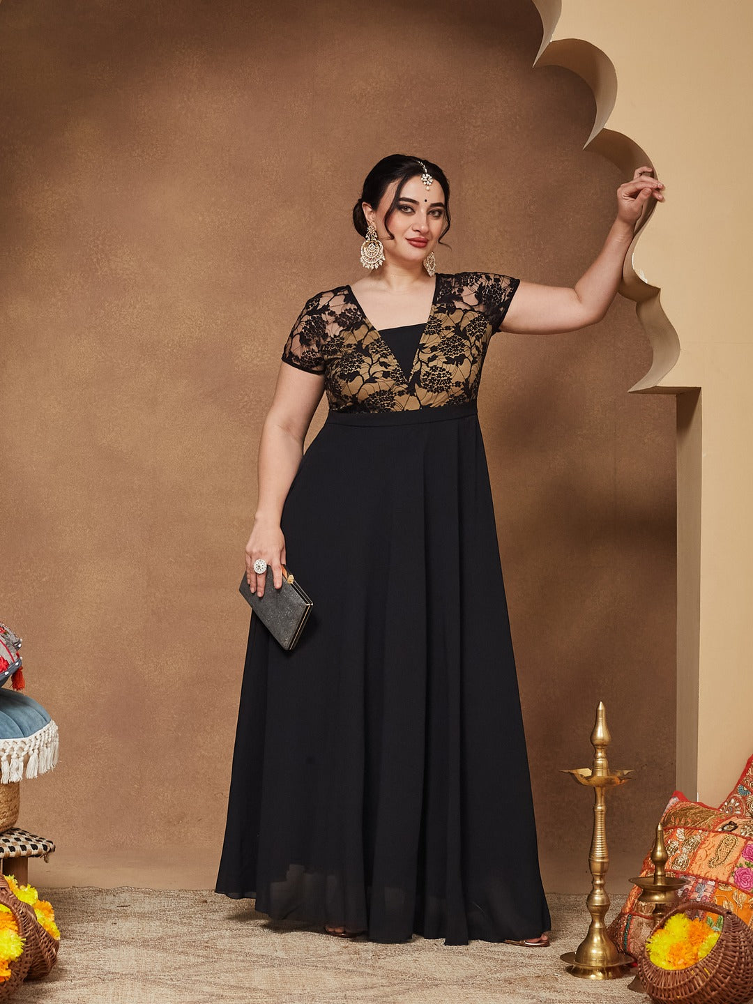 Black Square Neck Raglan Short Sleeve Self Design Lace Overlaid Georgette Maxi Dress for Women — Miss Chase A+