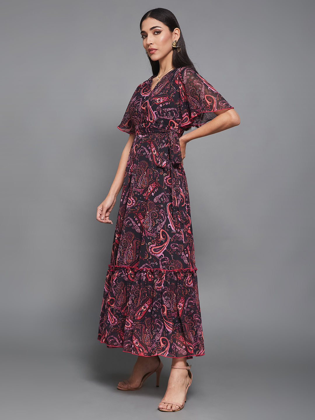 Women's Multicolored Base Black Bohemian V-Neck Flutter Sleeve Chiffon Relaxed Fit Wrap Maxi Dress