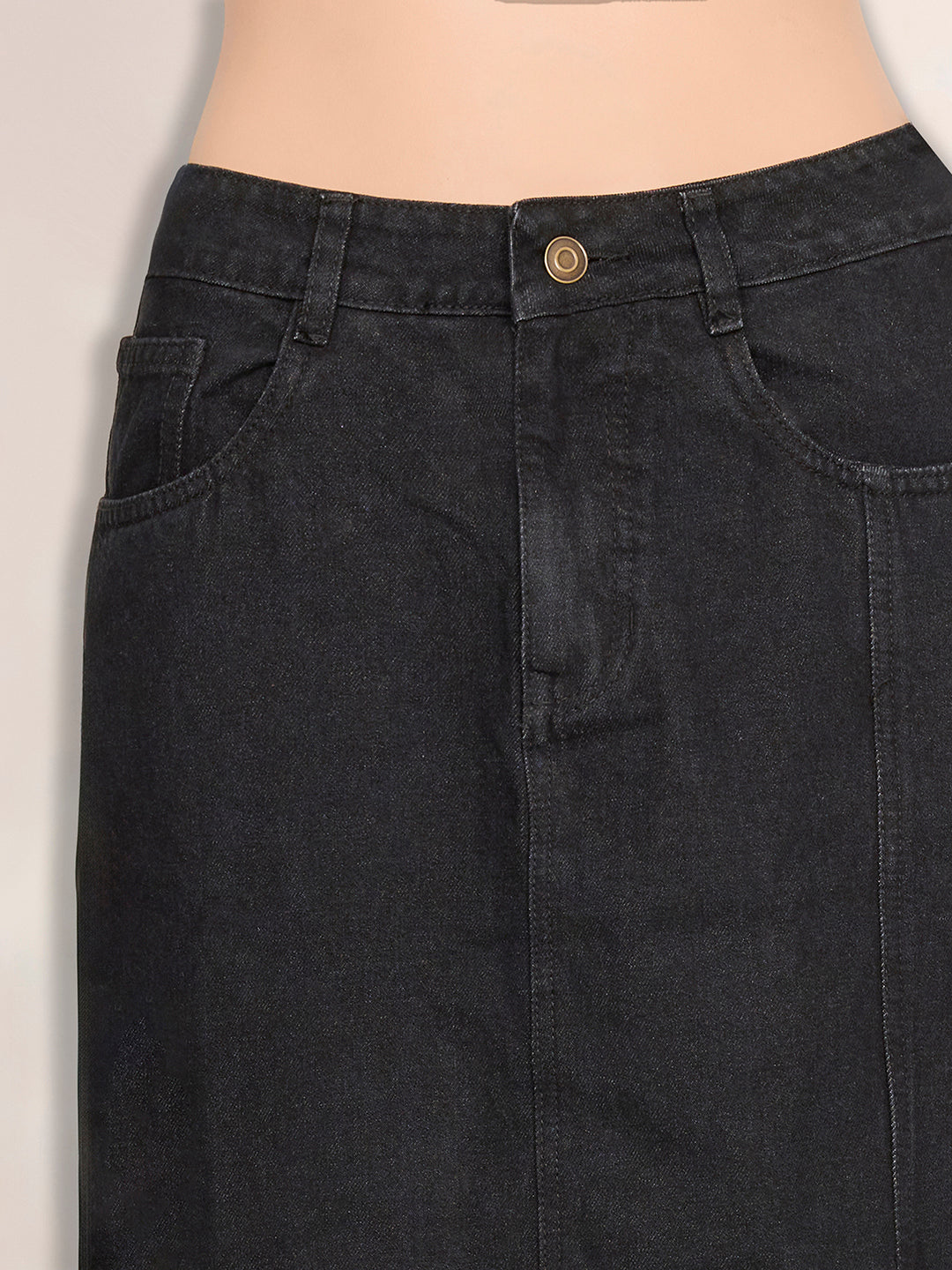 Women's Black Straight-Fit High-Rise Stretchable Denim Midi Skirt