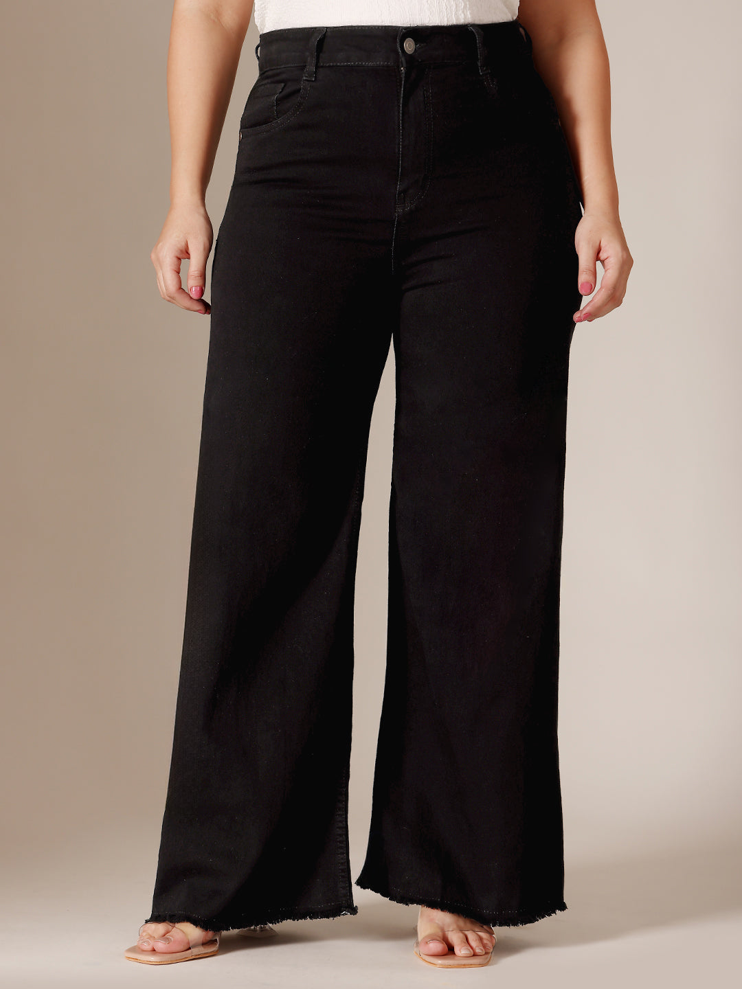 Black High Rise Clean Look Regular-Length Stretchable Wide Leg Denim Jeans for Women