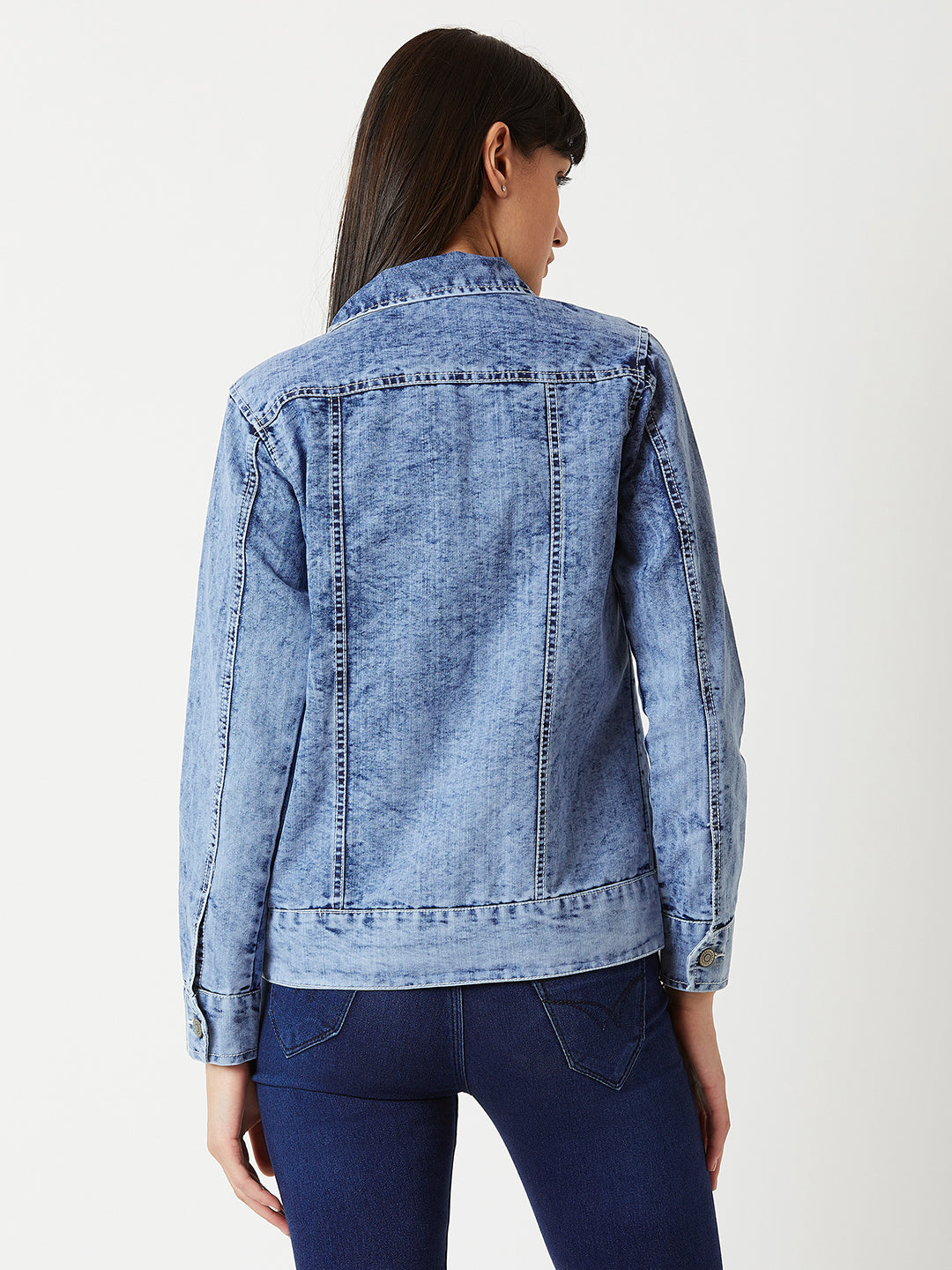 Women's Light Blue Collared Full Sleeve Buttoned Twill Tape Detailing Solid Denim Jacket