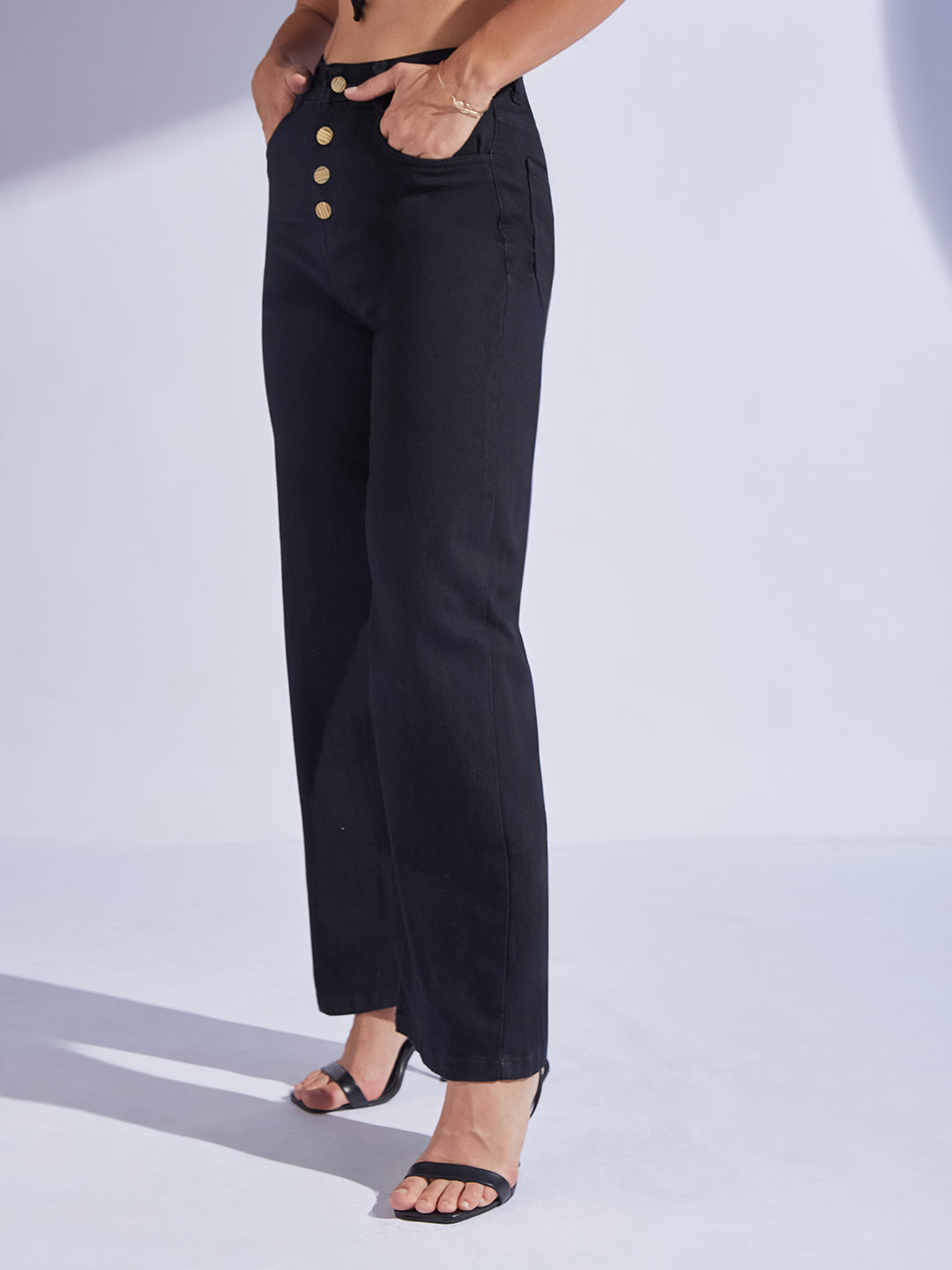 Women's Black Wide Leg High-Rise Stretchable Denim Jeans