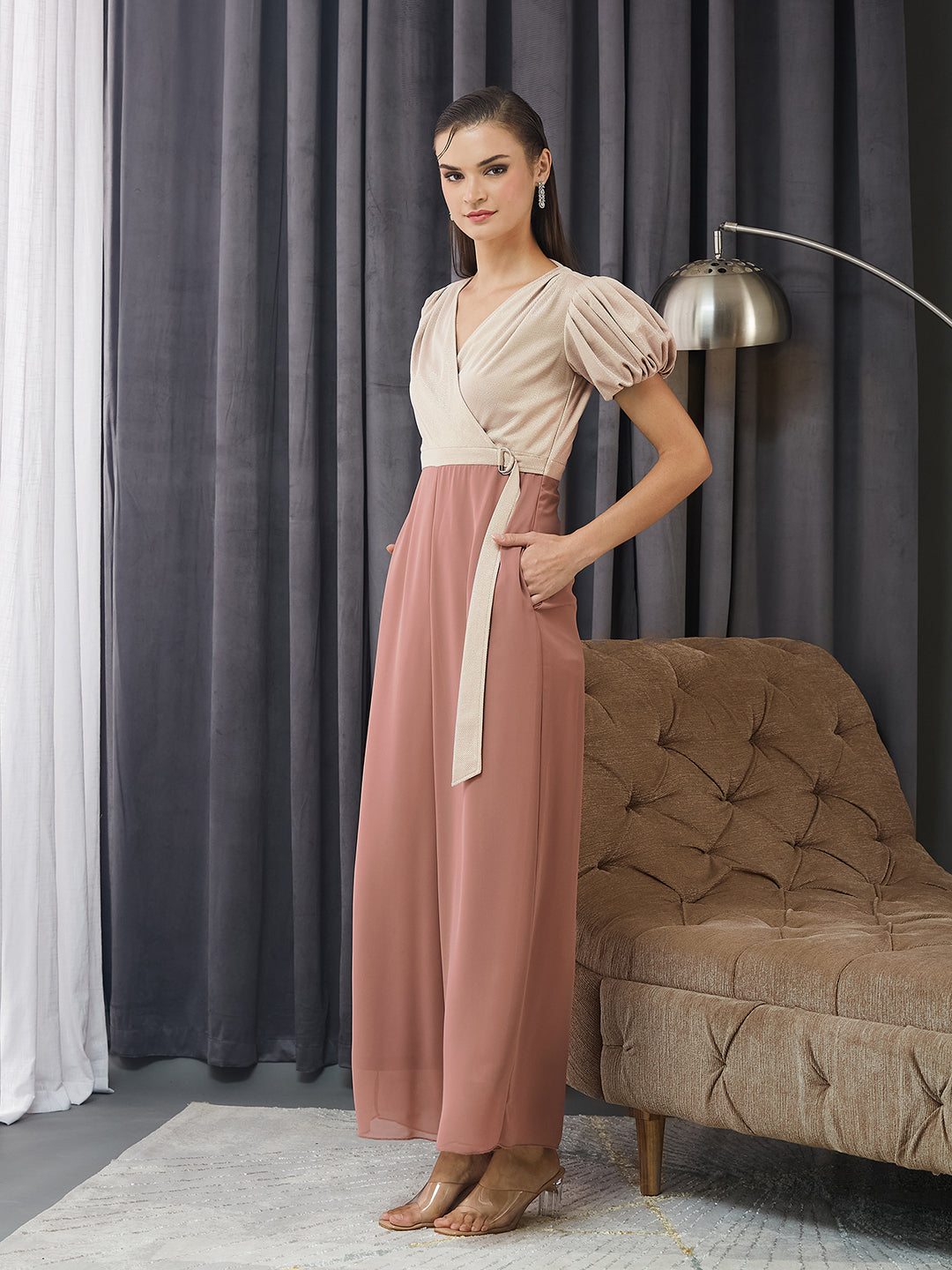 Women's Dusty Peach V-Neck Half Sleeve Embellished Wrap Regular Jumpsuit