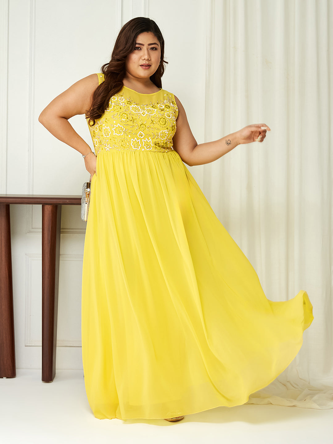Body Bliss Light Yellow Embroidered Georgette Gathered Maxi Dress