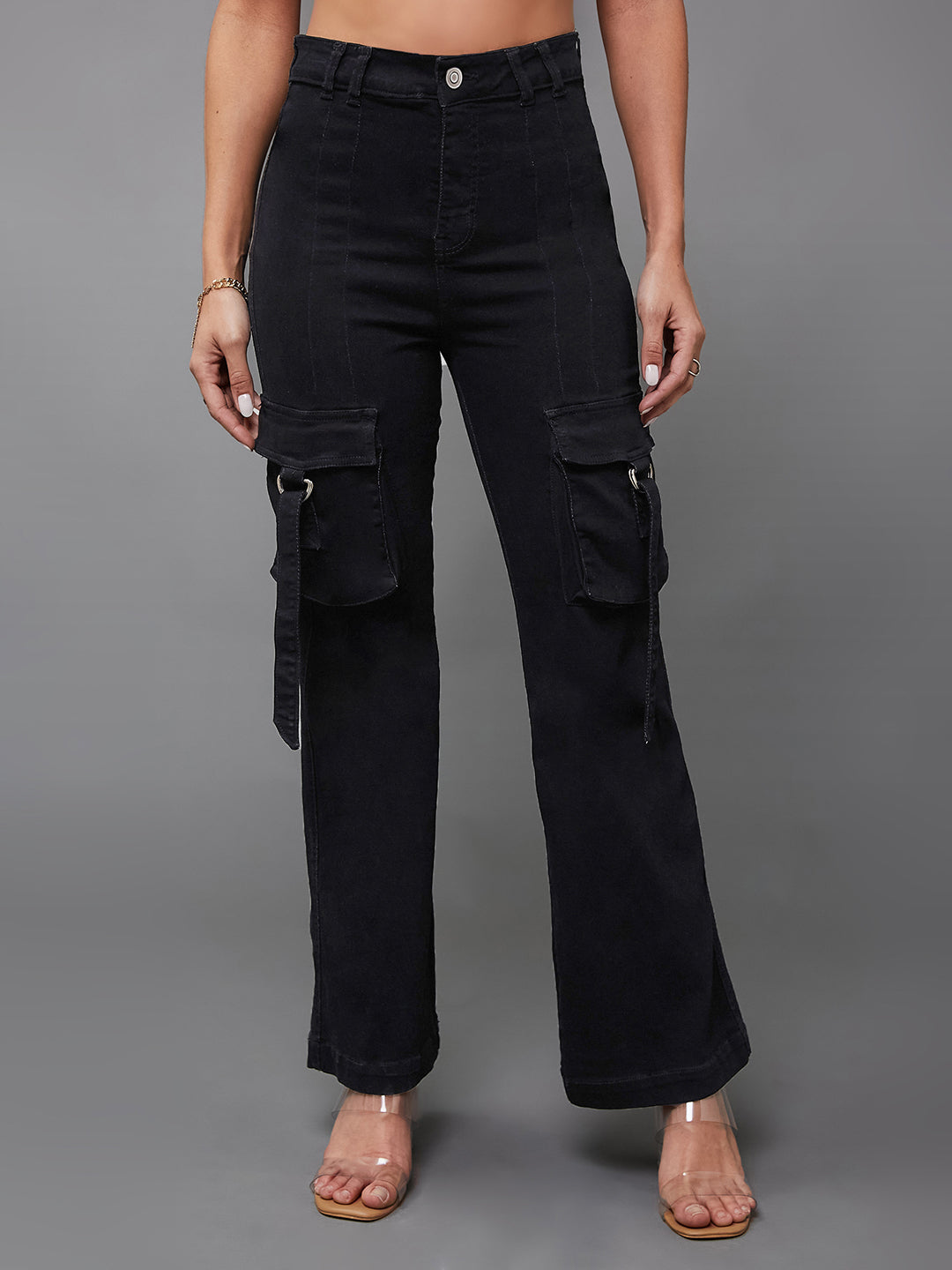 24/7 Comfort Black Bell-Bottom Bootcut High-Rise Stretchable Denim Jeans