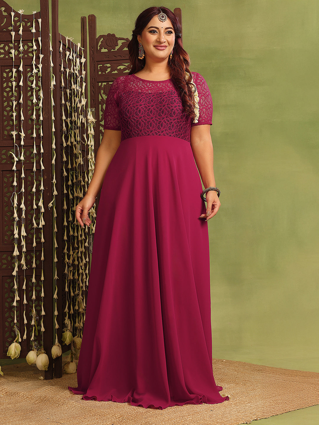 Dark Pink Short Sleeves Lace Fit and Flare Maxi Dress for Women