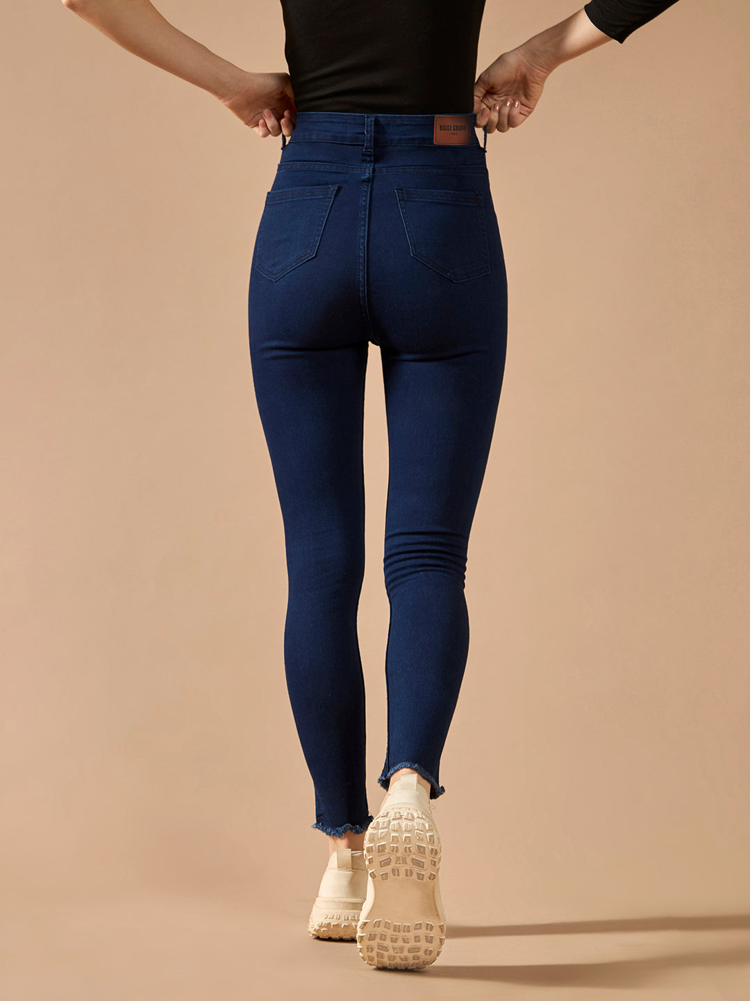 24/7 Comfort Navy-Blue Skinny High-Rise Solid Cropped Fringed Hemline Stretchable Denim Jeans