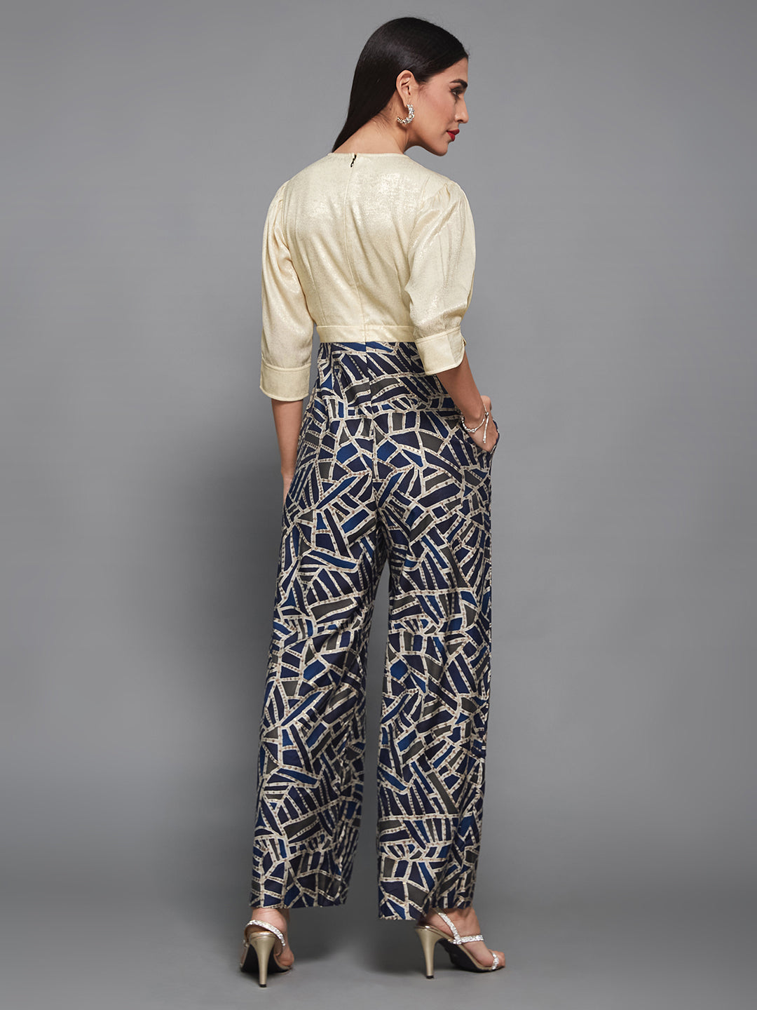 Cream Asymmetric Shawl-Collar 3/4 Sleeve Geometric Regular Jumpsuit for Women
