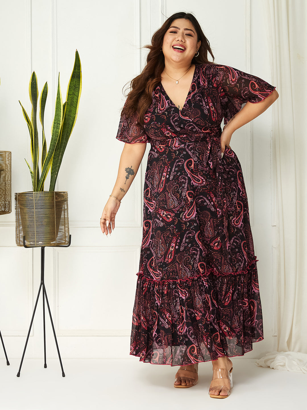 Black Bohemian Printed Flutter Sleeves Maxi Dress Long Dress Gown Frock for Women | The Summer Holiday Story