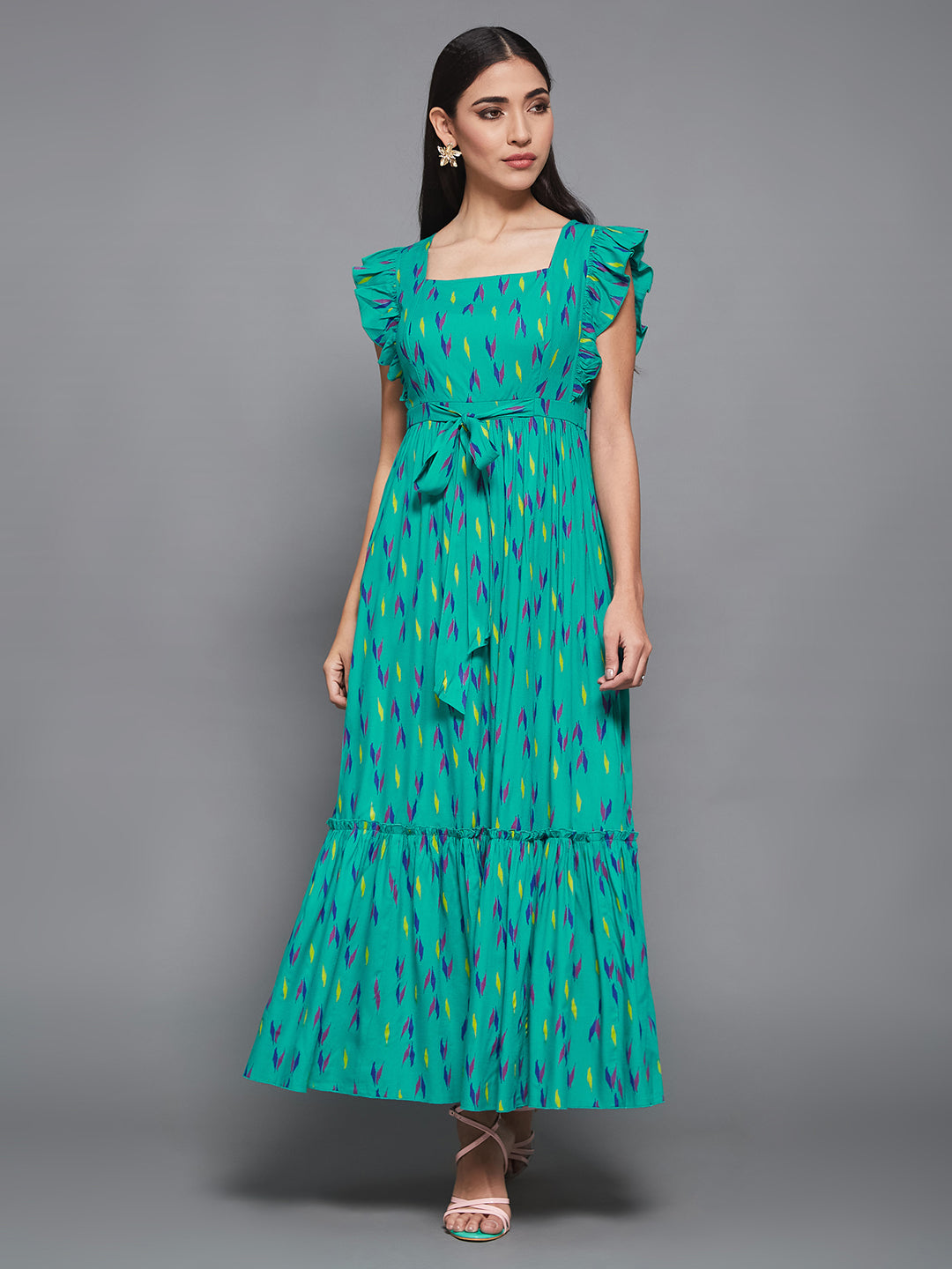 Turquoise Green Viscose Rayon Geometric Maxi Tiered Dress