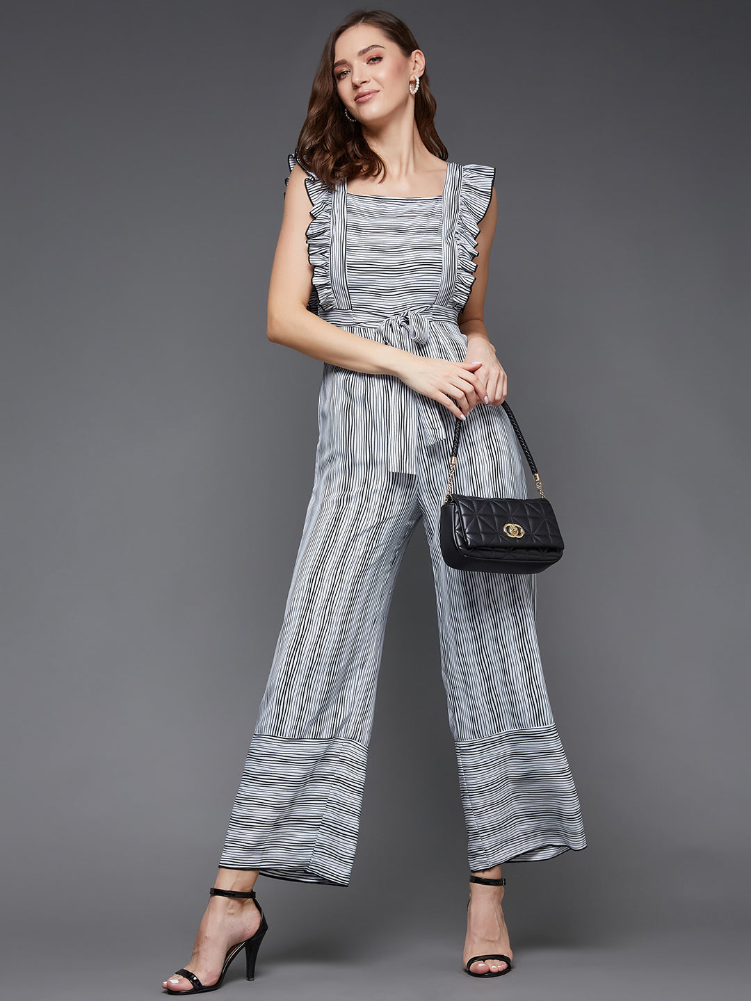 Women's Black and White Striped Square Neck Frilled Crepe Relaxed Fit Tie-Up Regular Jumpsuit