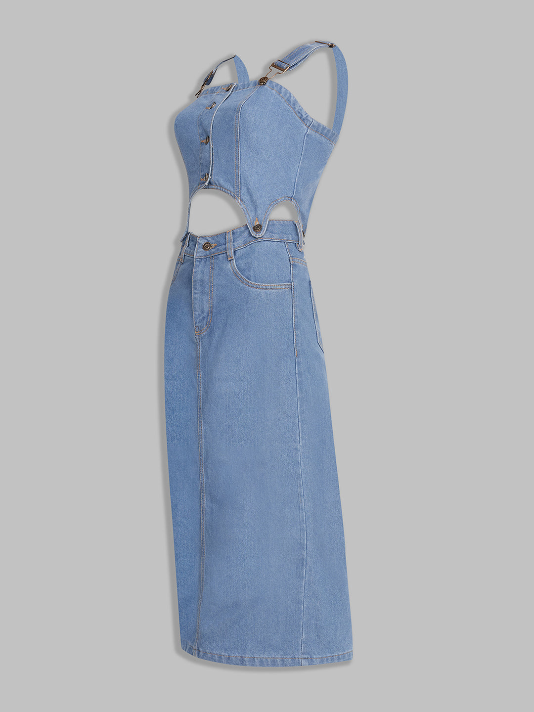 Women's Blue Square Neck Sleeveless Solid Pinafore Detachable Midi Denim Co-Ord Set