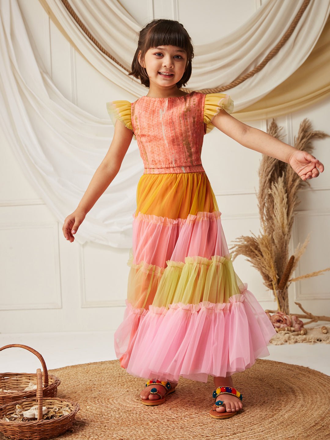 Multicolored-Base-Peach Round-Neck Frilled Sleeve Embellished Fit & Flare Regular Fusion Set