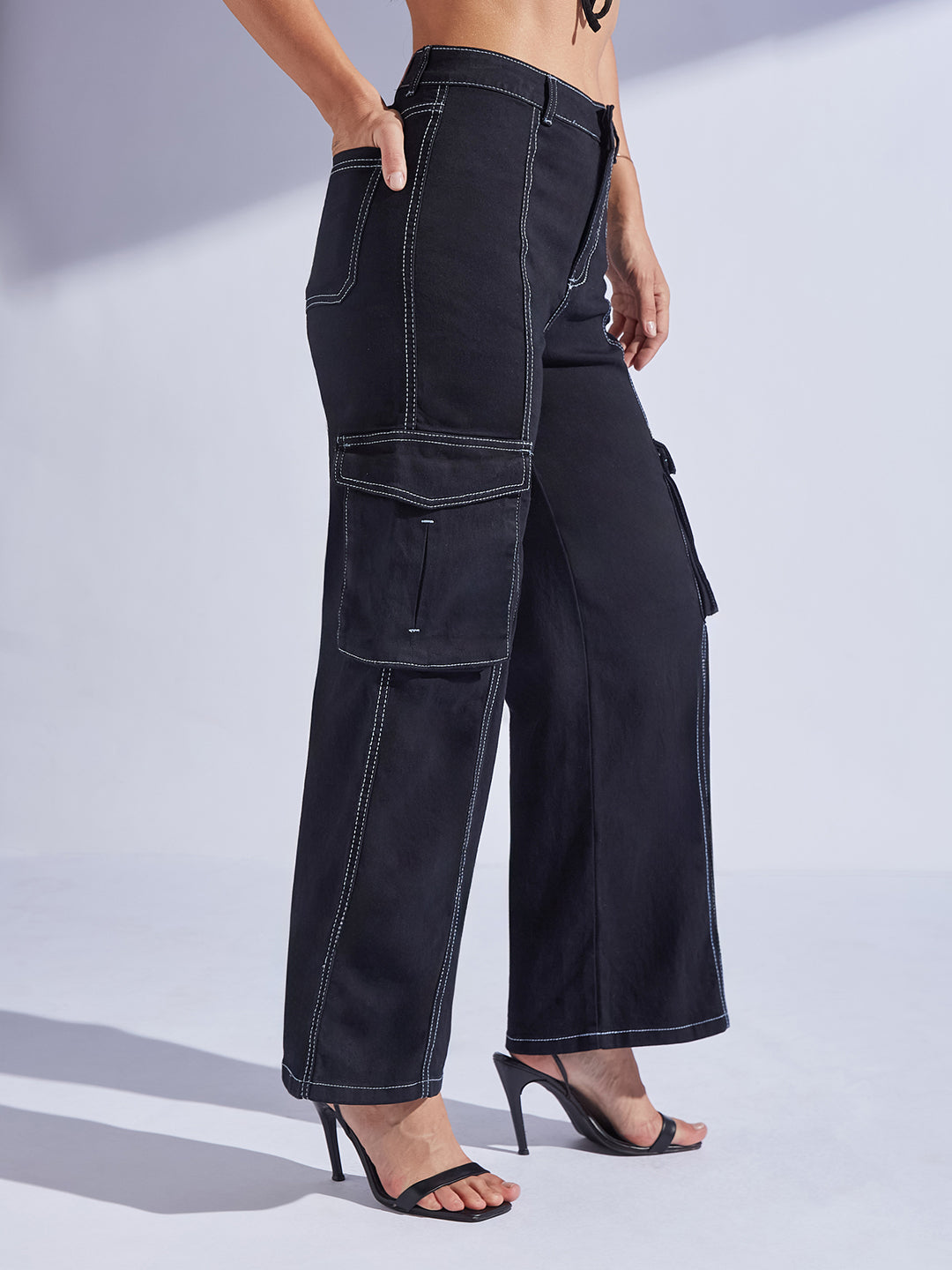 Women's Black Wide-Leg High-Rise Clean-Look Regular-Length Stretchable Patch-Pocketed Denim Jeans
