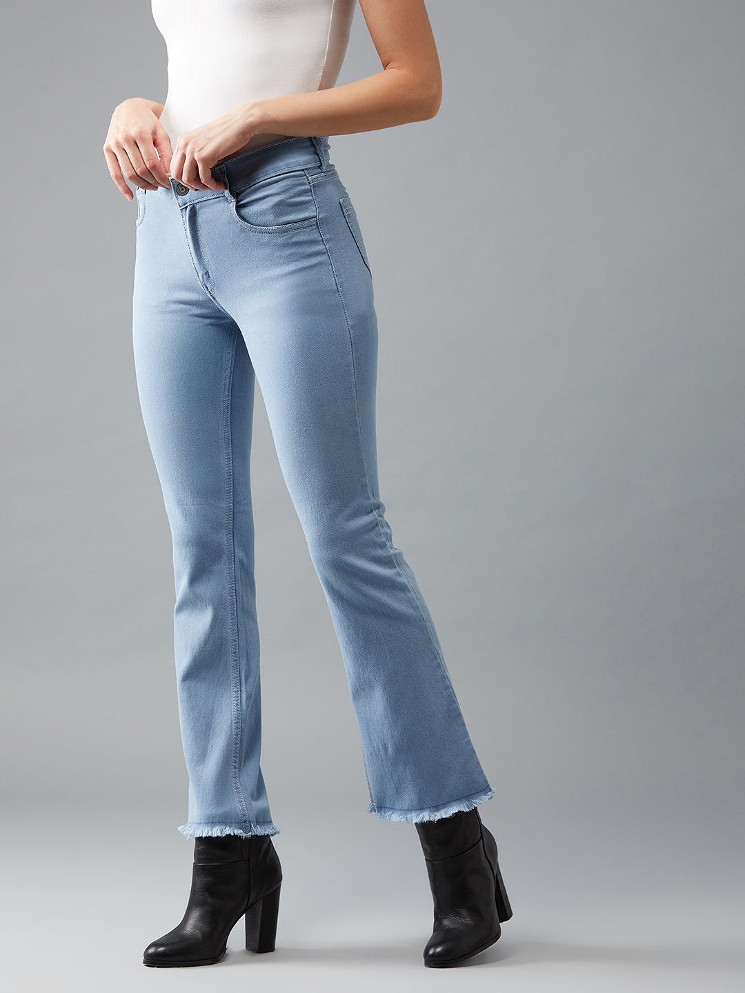 24/7 Comfort Light Blue Bell-Bottom Bootcut High-Rise Cropped Stretchable Denim Jeans
