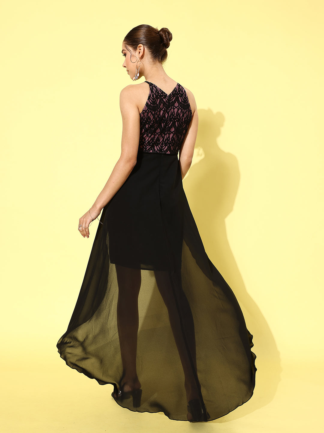 Women's Black & Dusty Lavender Round Neck Sleeveless Self Design Lace-overlaid Knee-Long Dress