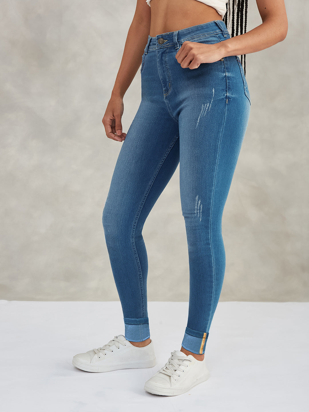 Women's Blue Skinny High-Rise Twill Tape Detailing Scraped Stretchable Denim Jeans