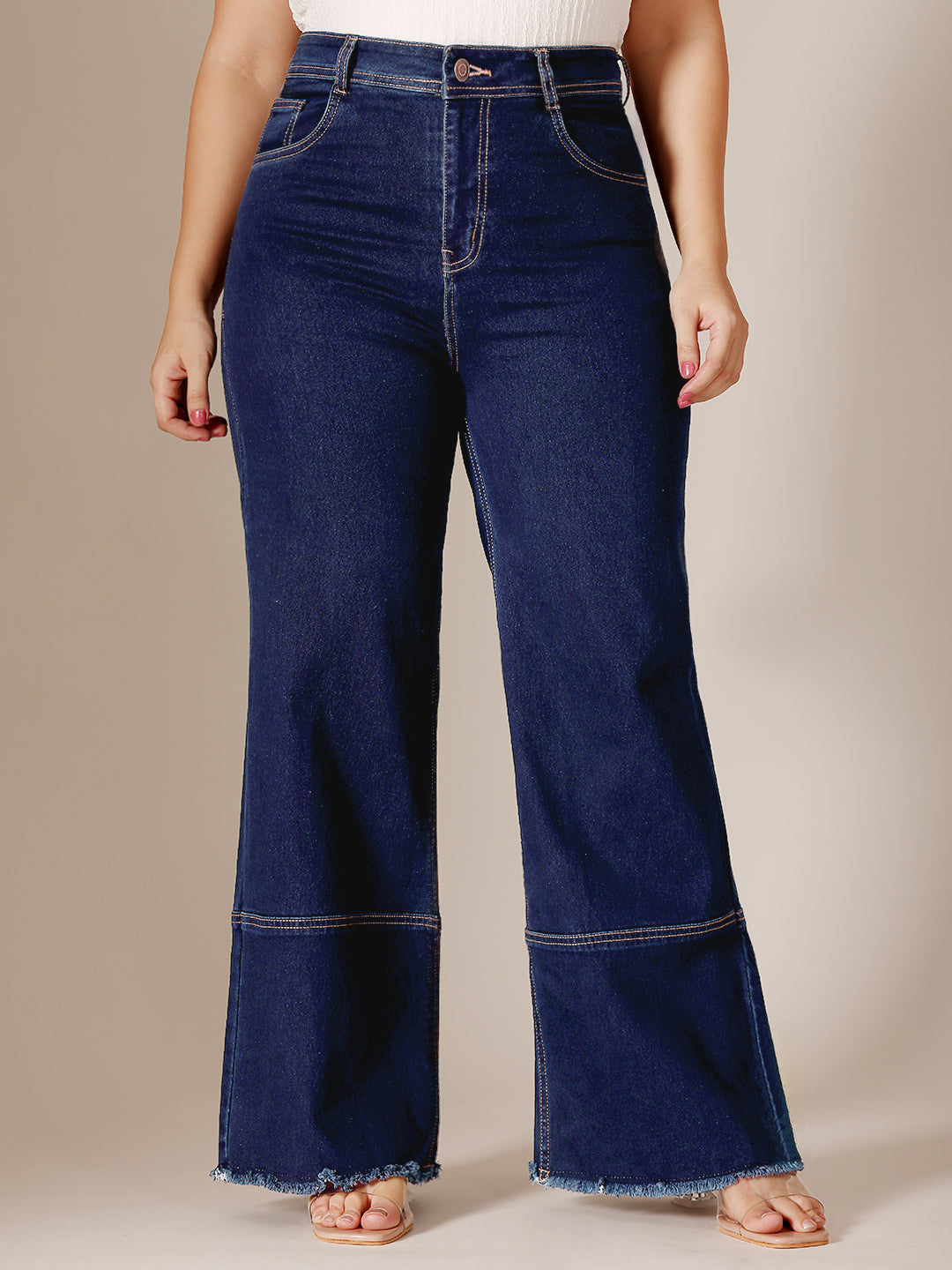 24/7 Comfort Navy Blue Wide Leg High Rise Clean Look Regular-Length Stretchable Denim Jeans for Women