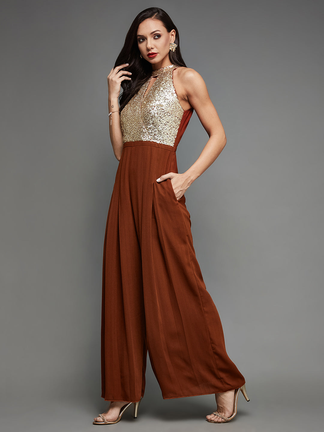 Women's Rust Halter-Neck Sleeveless Gold Sequined Pleated Crepe Party Jumpsuit