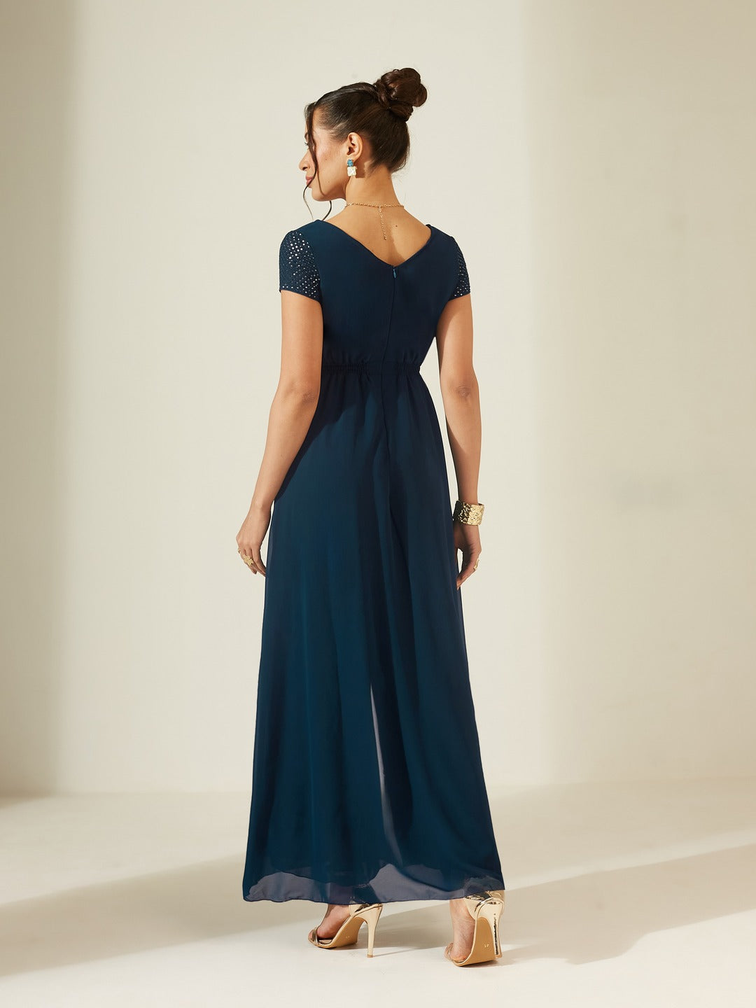 Teal Embellished Square Neck Short Sleeve Georgette Cut Out Relaxed Fit Regular Jumpsuit for Women