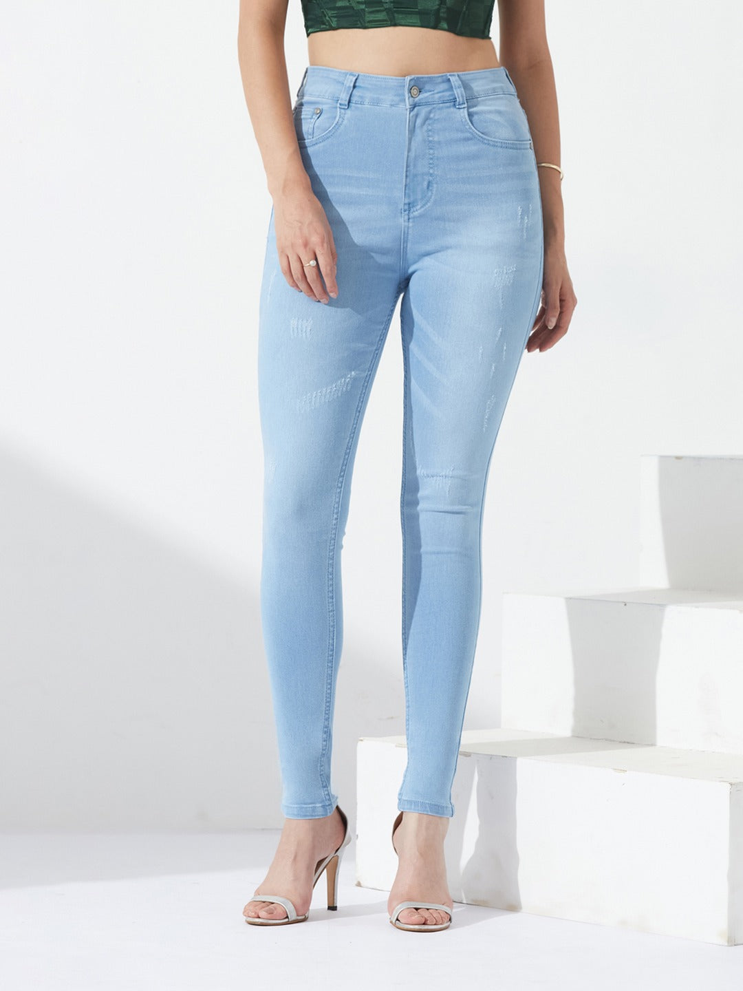 Light Blue Skinny high-rise Mild Distress Regular Stretchable Denim Jeans for Women