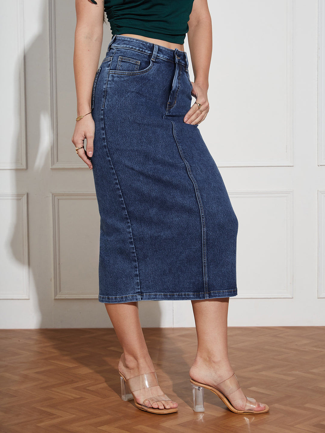 Women's Dark Blue High-Rise Stretchable Denim Midi Skirt with Back Slit – Shaping Fit