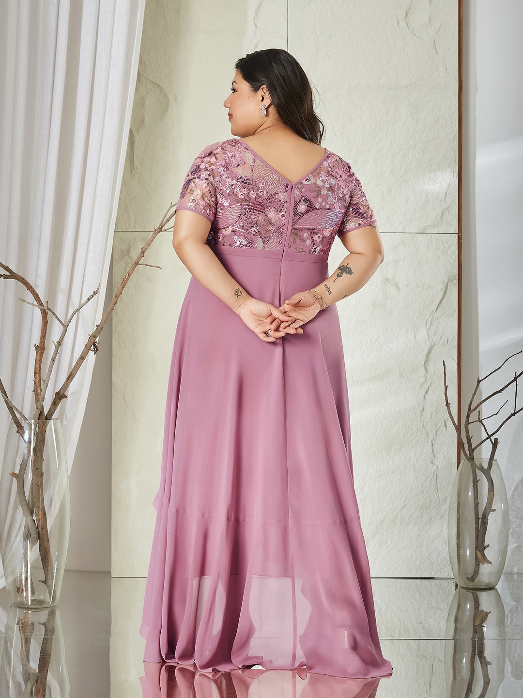 Dusty Lavender Round Neck Short Sleeve Floral Layered Georgette Midi Dress for Women