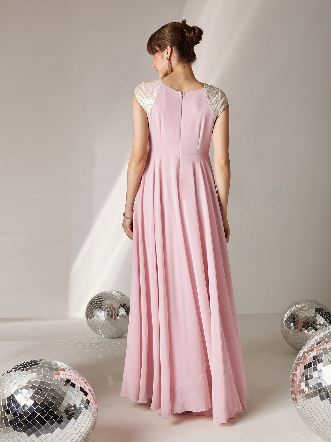 Dusty Pink Round Neck Raglan Sleeve Self-Designed Fit & Flare Georgette Maxi Dress for Women