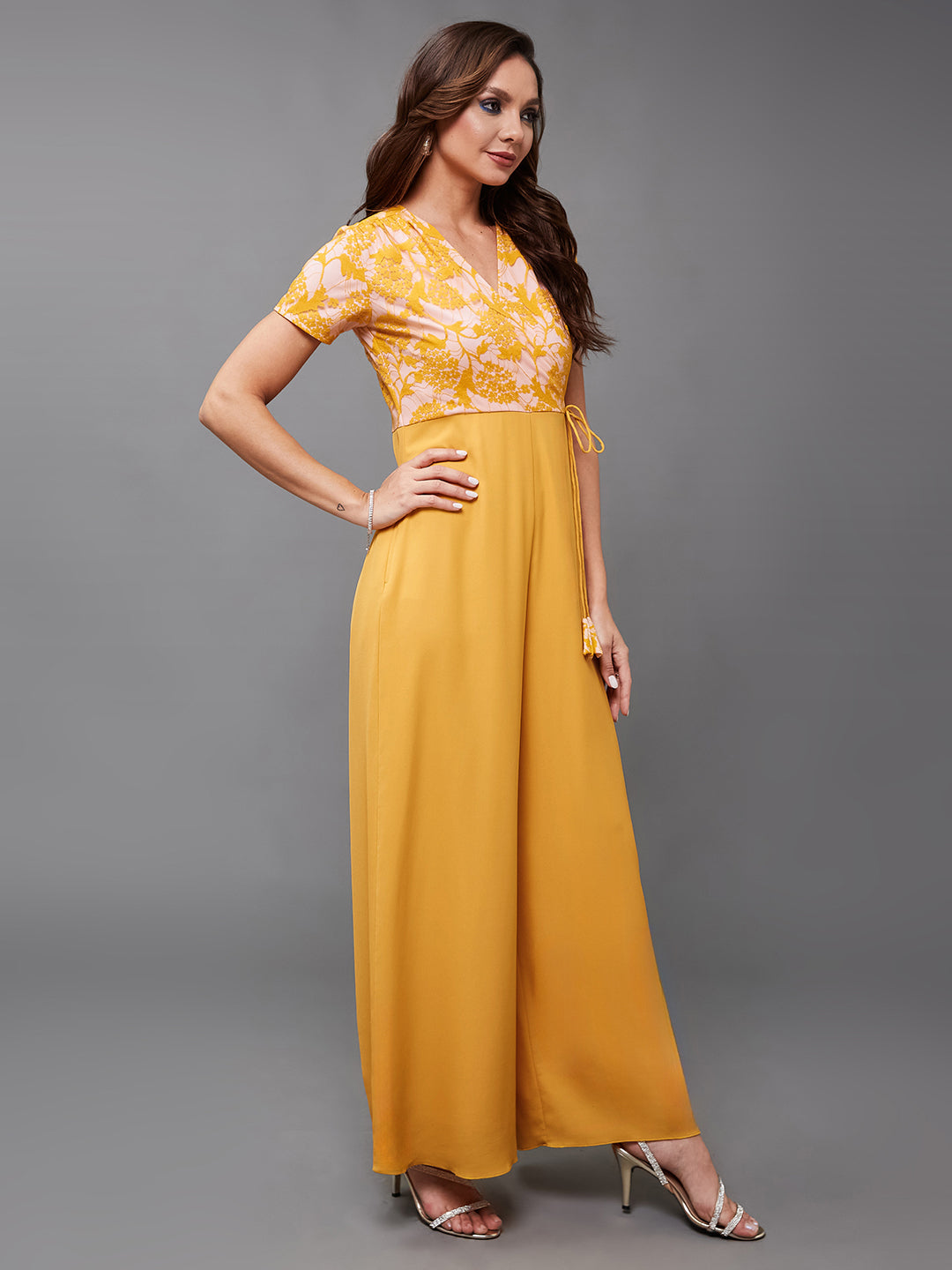 Women's Mustard V-Neck Half Sleeve Self-Designed Wrap Crepe Jumpsuit