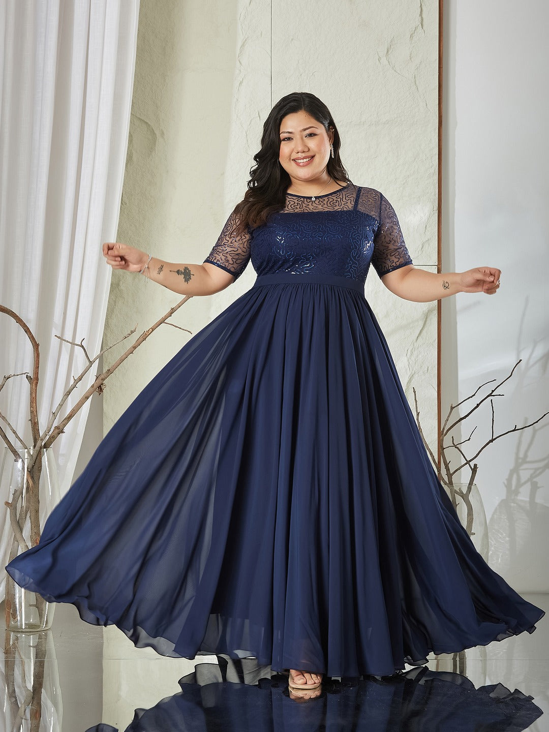 Navy Blue Relaxed Fit Maxi Georgette & Sequins Dress for Women