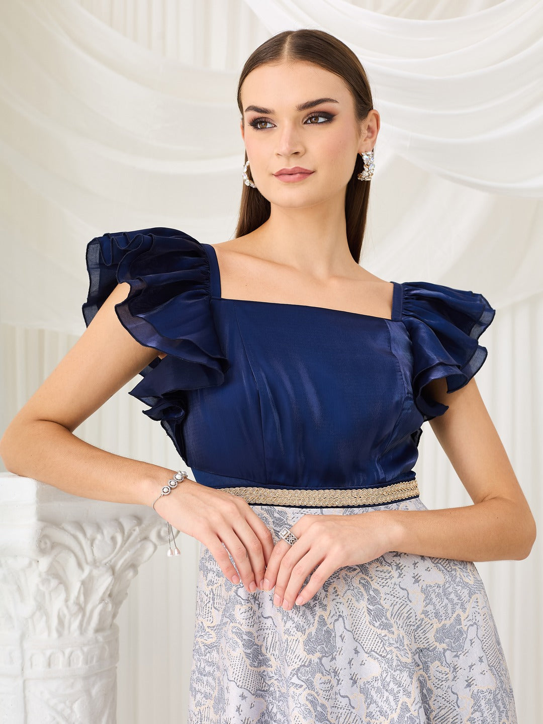 Navy Blue White Square Neck Ruffled Floral Maxi Dress for Women