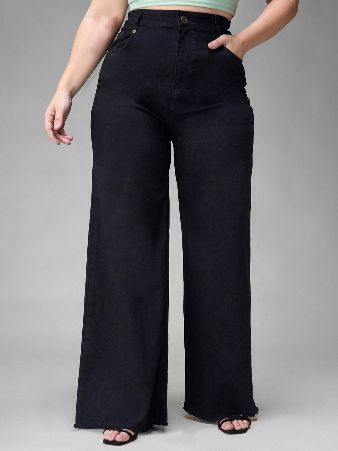 Black High Rise Stretchable Wide Leg Denim Jeans for Women