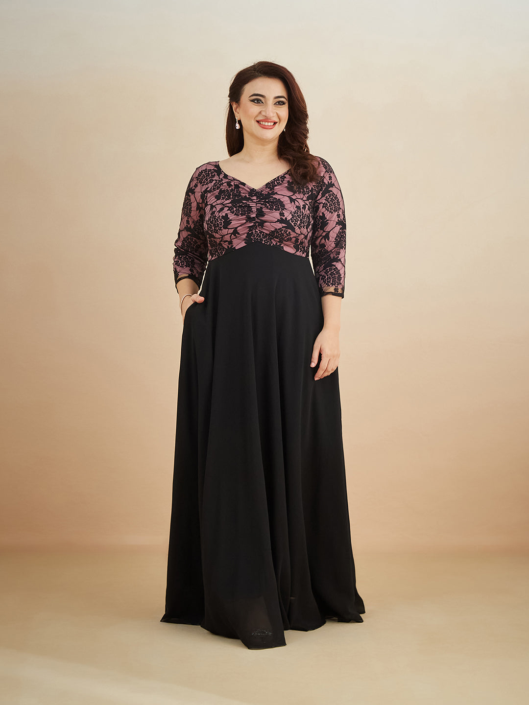 Black And Lavender Sweet heart neck 3/4 Sleeve Self Design Fit & Flare Maxi Dress for Women — Miss Chase A+