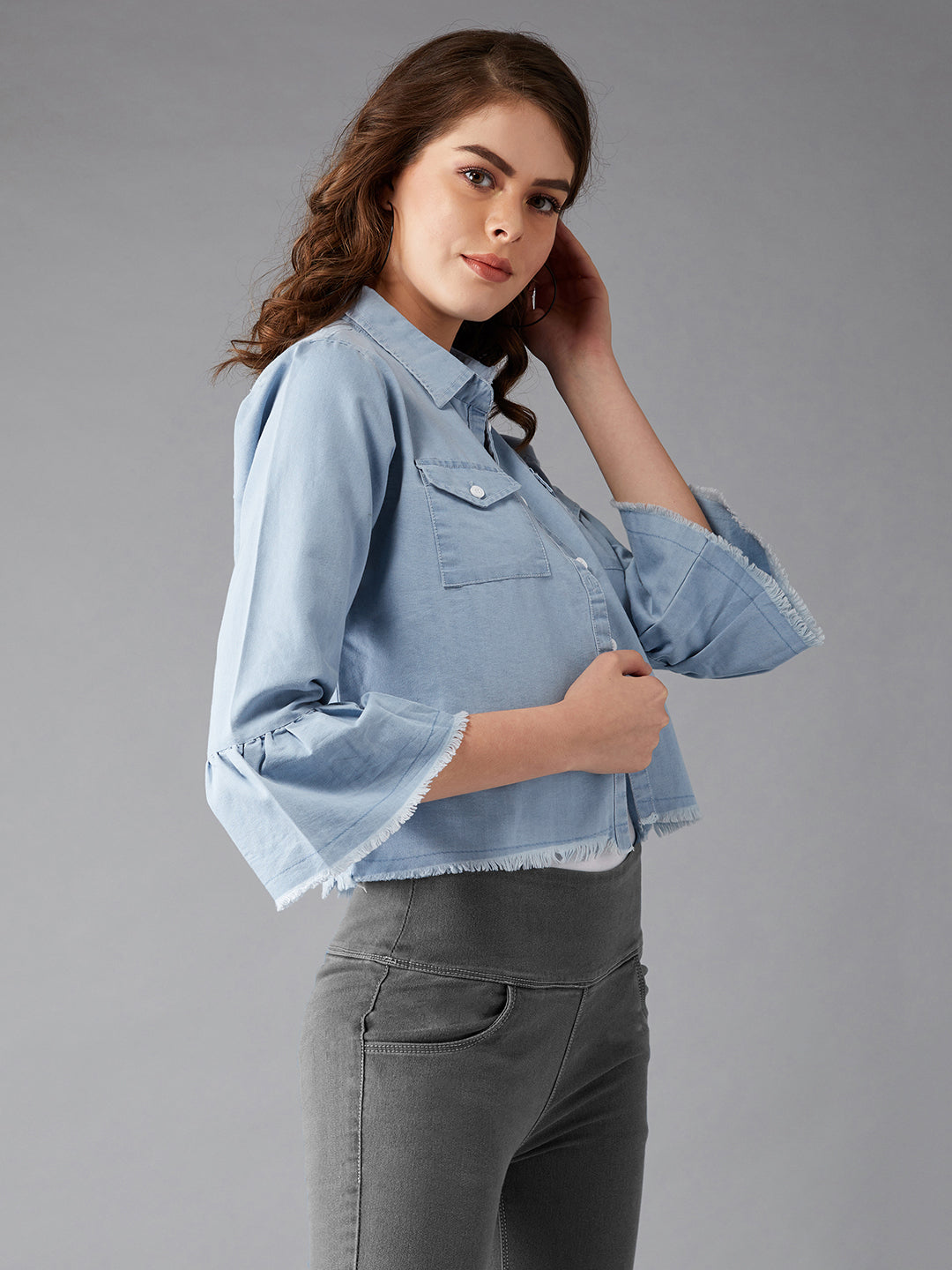 Women's Light Blue Polo Neck Ruffled Full Sleeve Solid Regular Length Open Front Denim Jacket