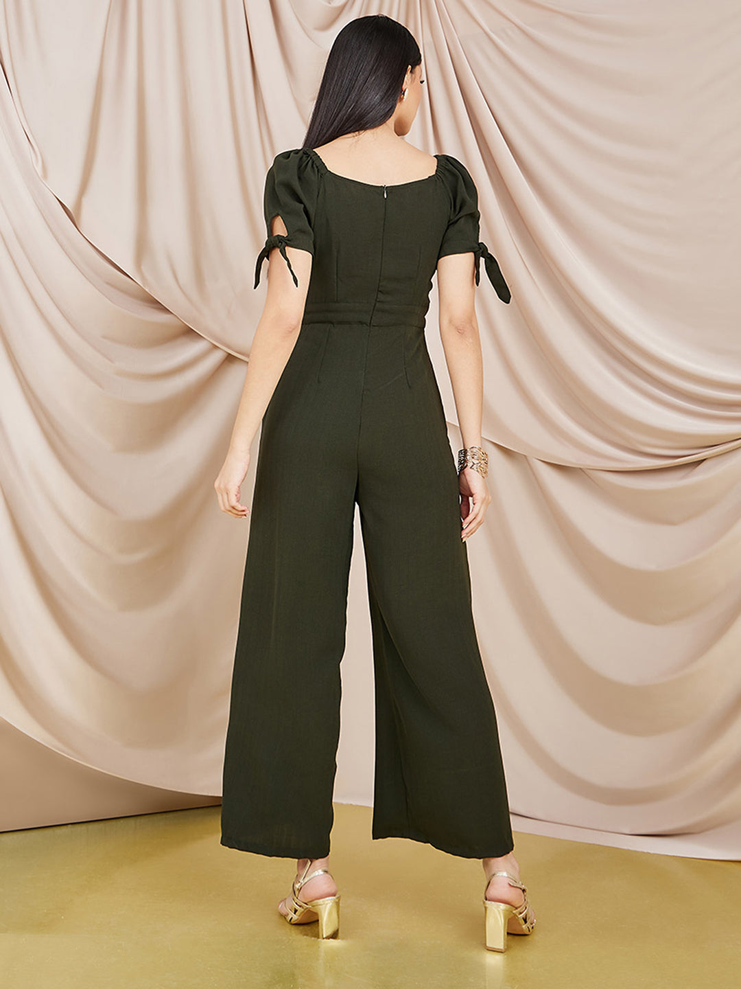Women's Dark Green Square neck Puff sleeve Solid Wide Leg Regular Jumpsuit