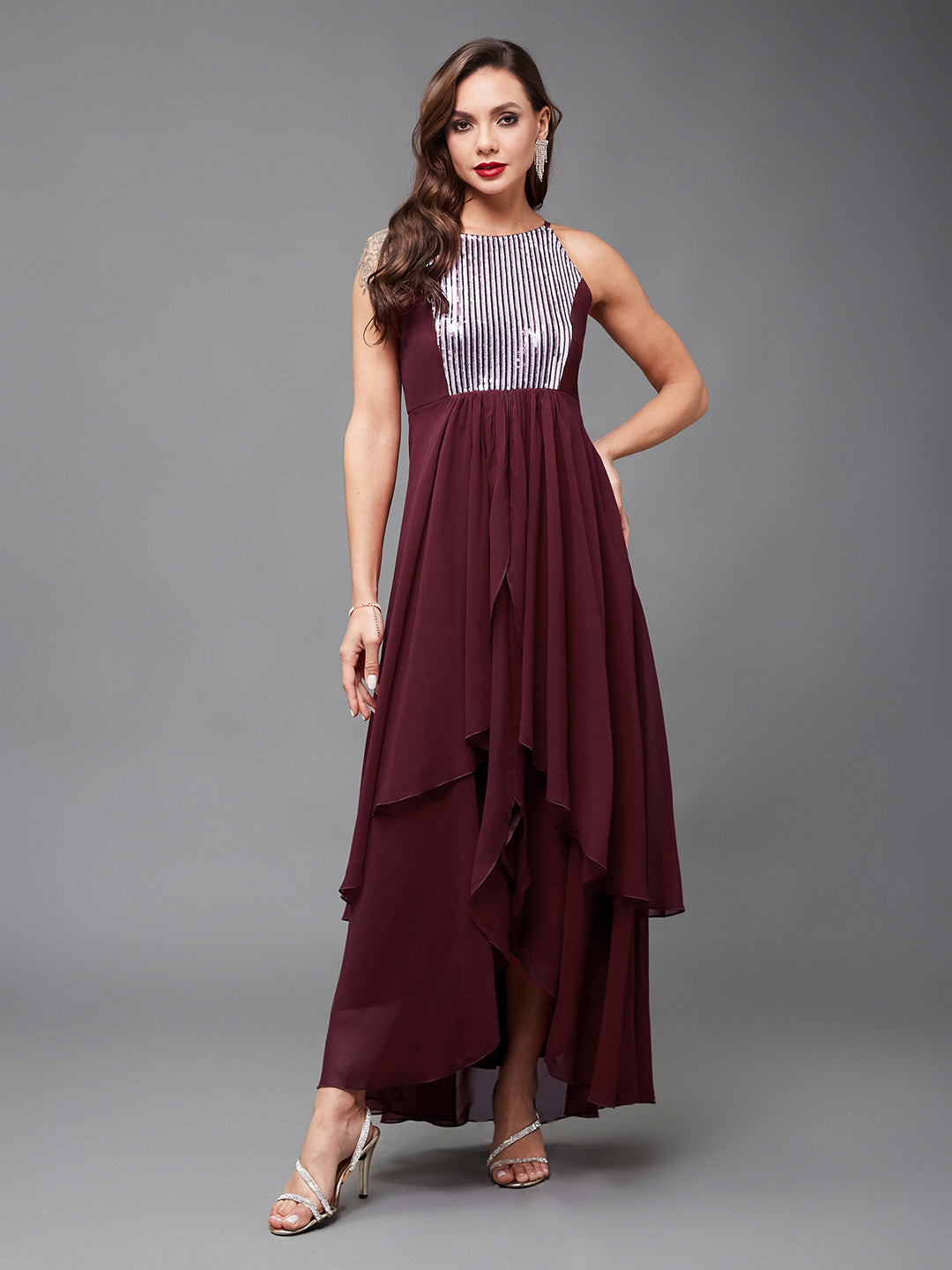 Women's Multicolored-Base-Wine Halter Neck Sleeveless Embellished Layered Georgette Maxi Dress