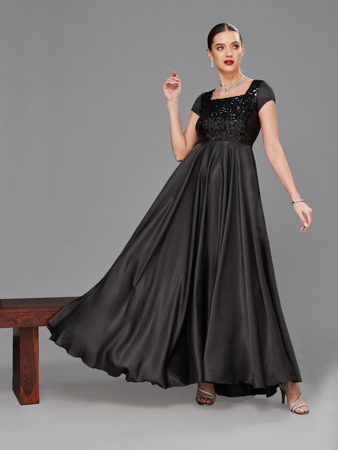 Women's Black Square Neck Short Sleeve Embellished Polyester Fit & Flare Maxi Dress