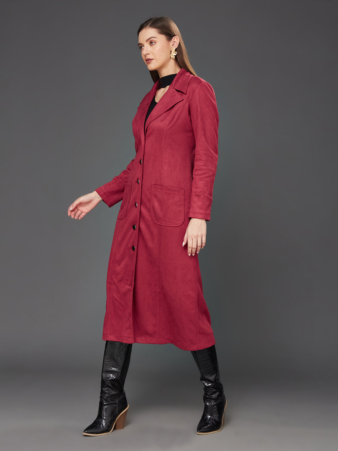 Women's Dark Red Solid V-Neck Full Sleeves Patched Pocketed Polyester Button Down Longline Winter Wear Blazer Jacket