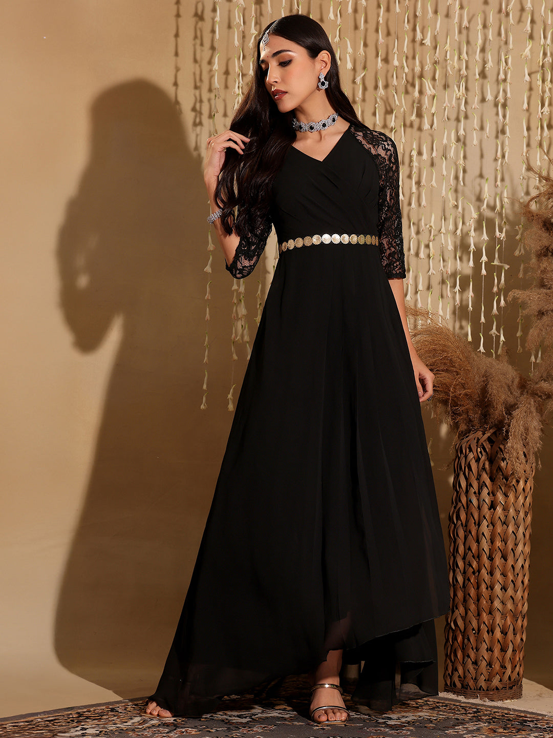 Women's Black V-Neck Raglan Embellished Wrap Maxi Georgette Dress